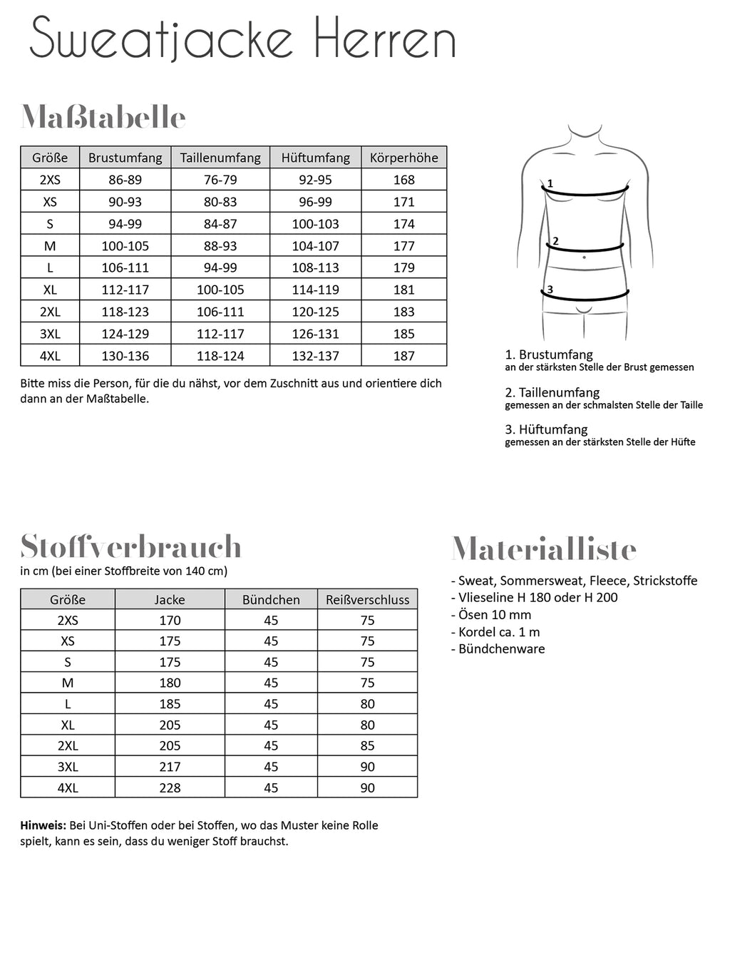 Papierschnittmuster Sweatjacke Herren