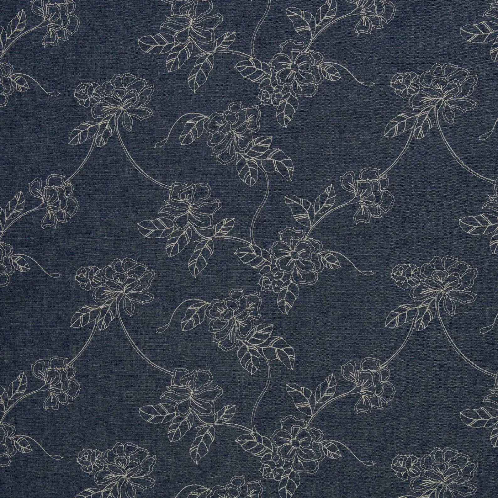 Baumwolle Jeansstoff - Dunkelblau mit Stickerei (Meterware ab 0.50m)