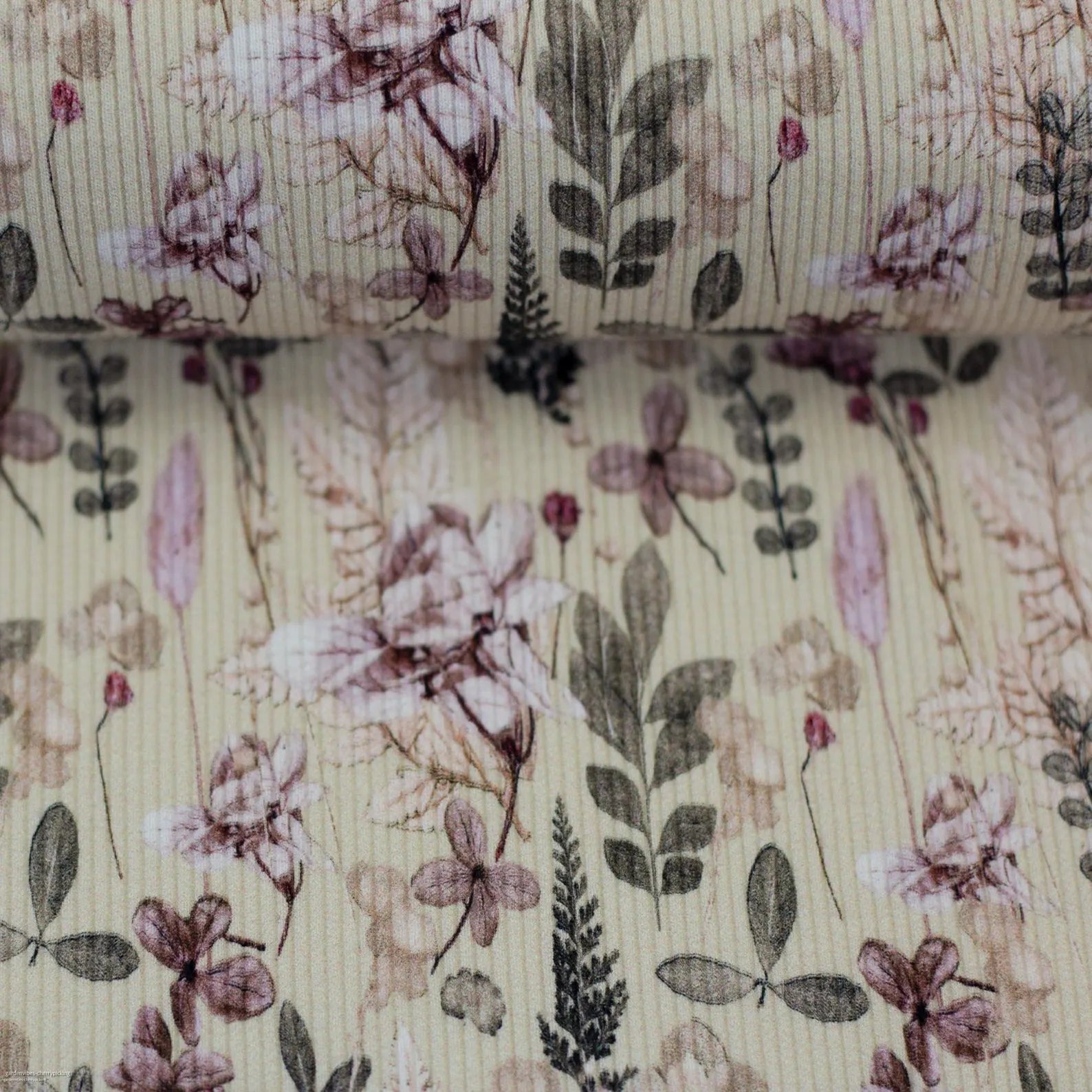 Rippjersey Stoff - Blumen - Beige (Meterware ab 0.50m)