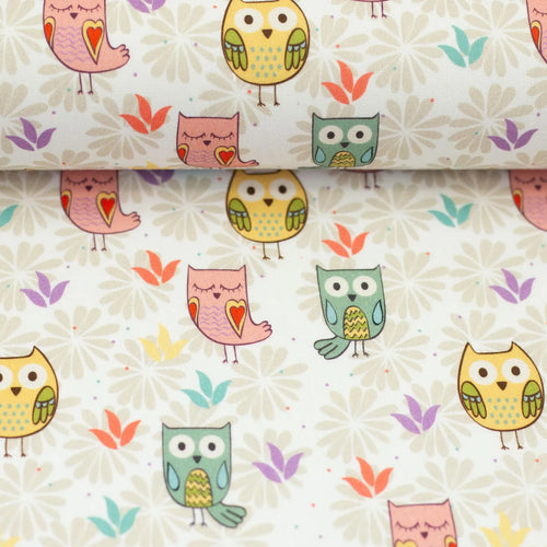Baumwoll Webware - Hedwig Eulen beige (Meterware ab 0.50m)