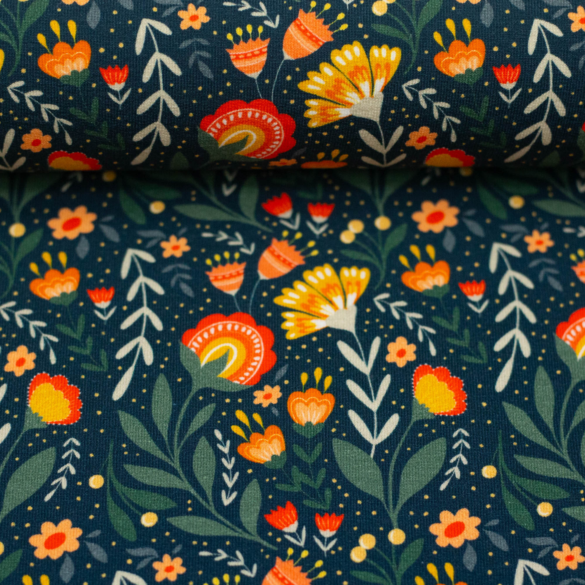 French Terry Stoff - Fields of Joy - dunkelblau (Meterware ab 0.50m)