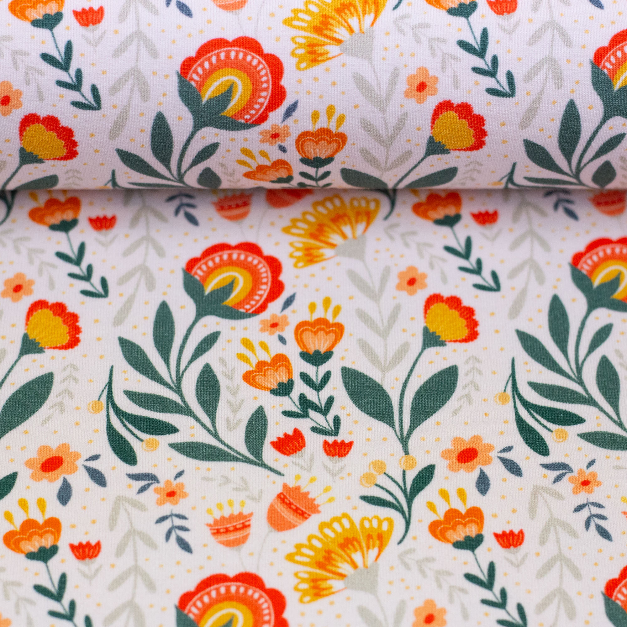 French Terry Stoff - Fields of Joy - weiß (Meterware ab 0.50m)